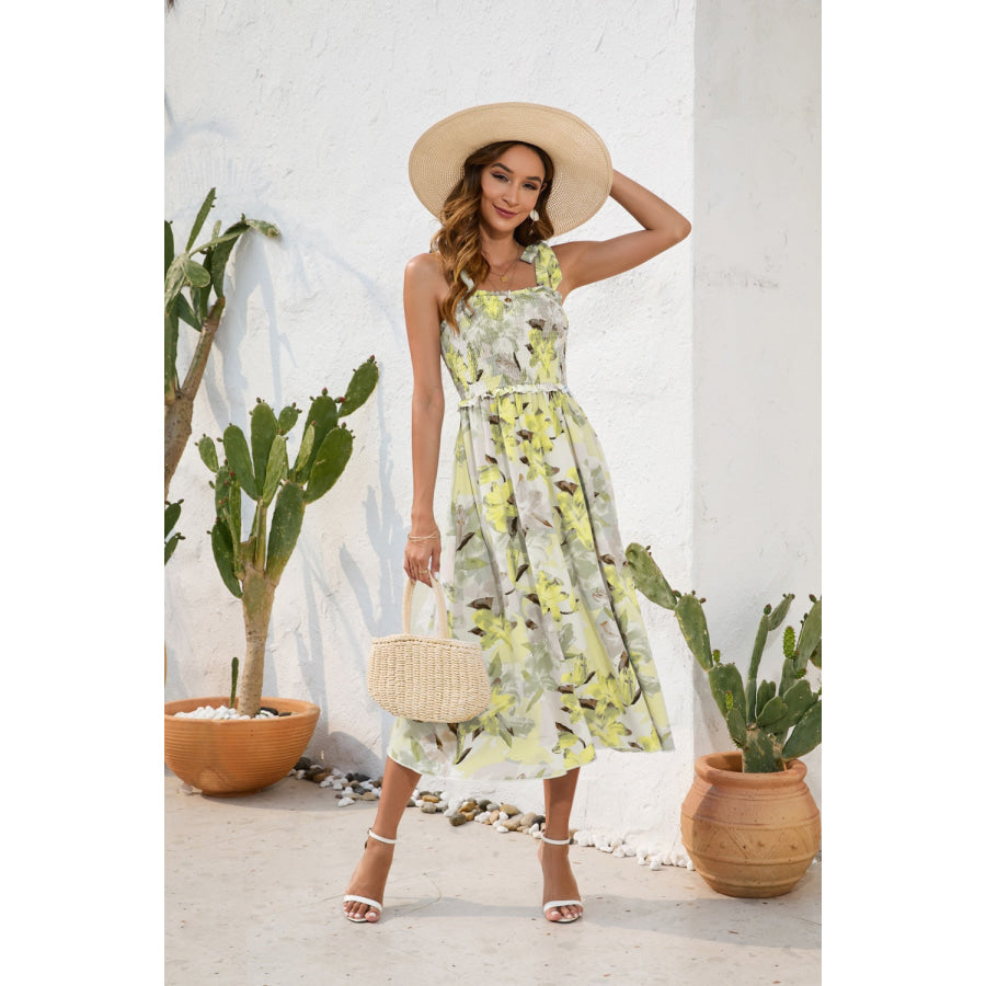 Smocked Printed Square Neck Midi Dress Yellow Green / S Apparel and Accessories