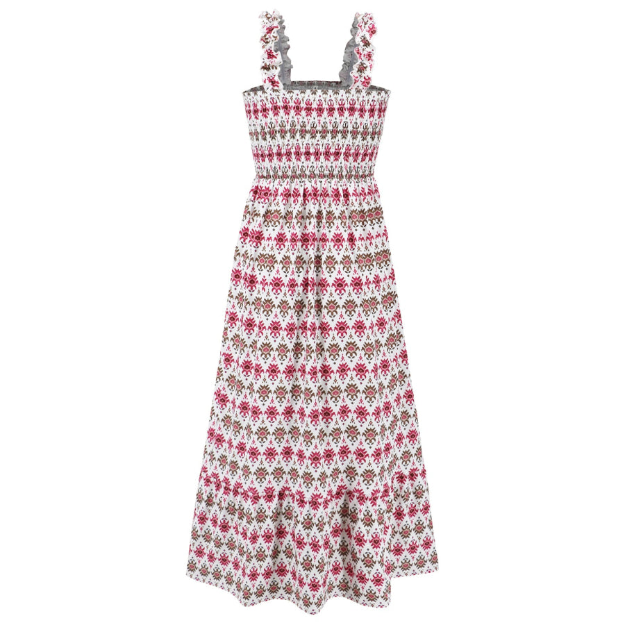 Smocked Printed Square Neck Sleeveless Dress Apparel and Accessories