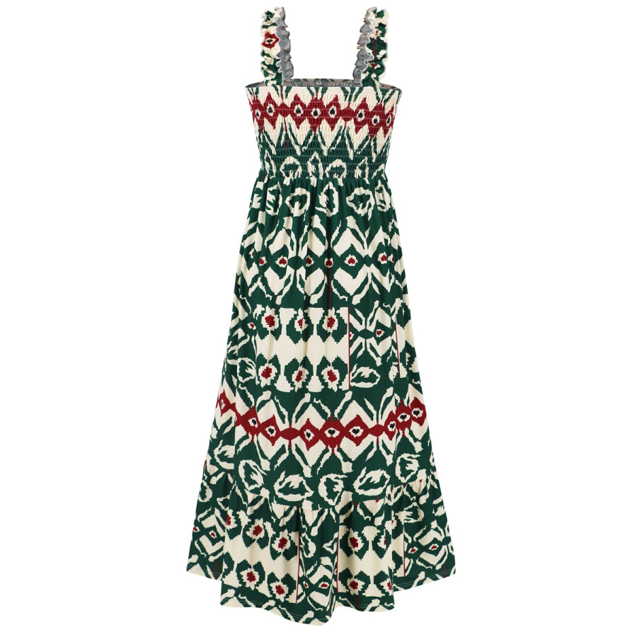 Smocked Printed Square Neck Sleeveless Dress Apparel and Accessories