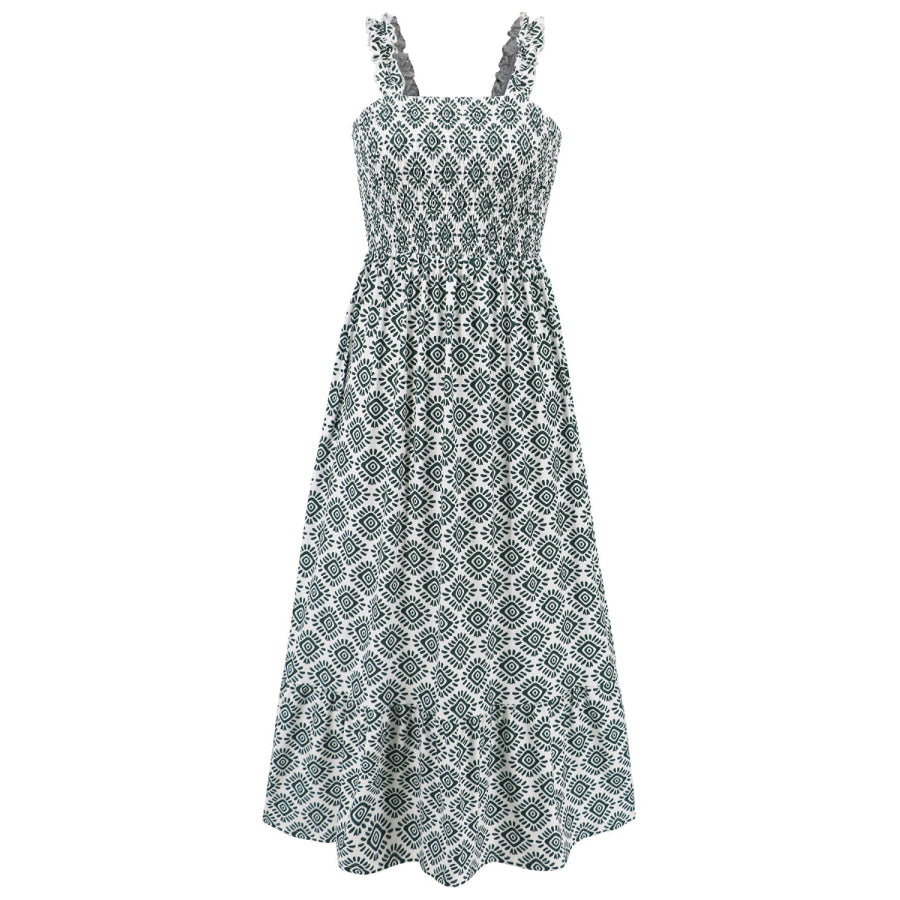 Smocked Printed Square Neck Sleeveless Dress Apparel and Accessories