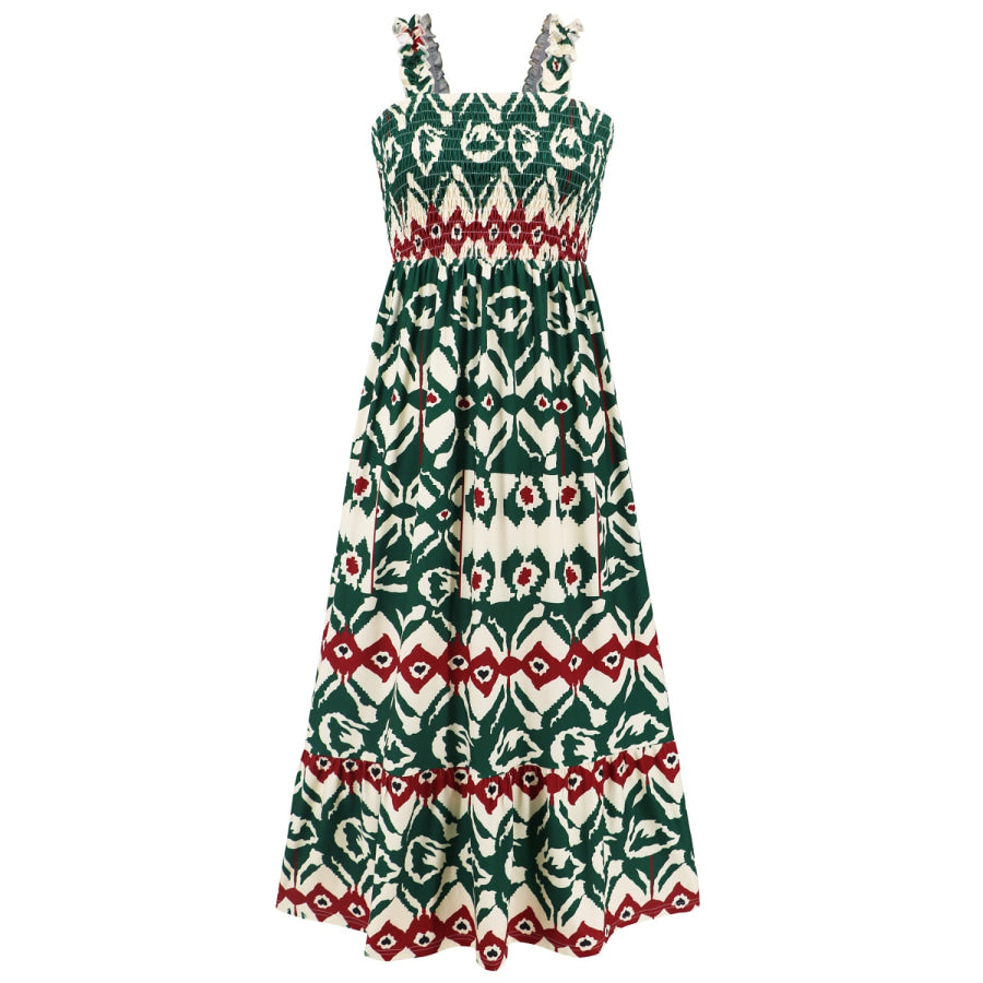 Smocked Printed Square Neck Sleeveless Dress Apparel and Accessories