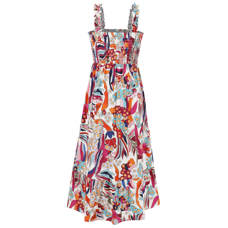 Smocked Printed Square Neck Sleeveless Dress Apparel and Accessories