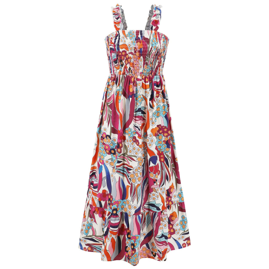 Smocked Printed Square Neck Sleeveless Dress Apparel and Accessories