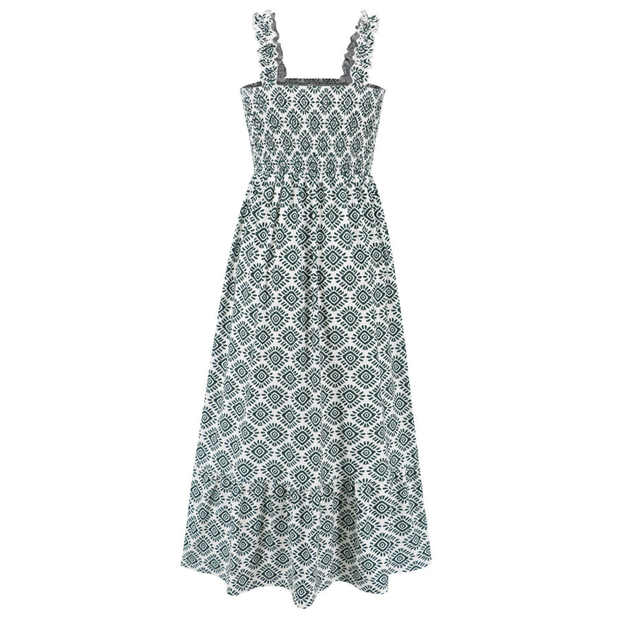 Smocked Printed Square Neck Sleeveless Dress Apparel and Accessories