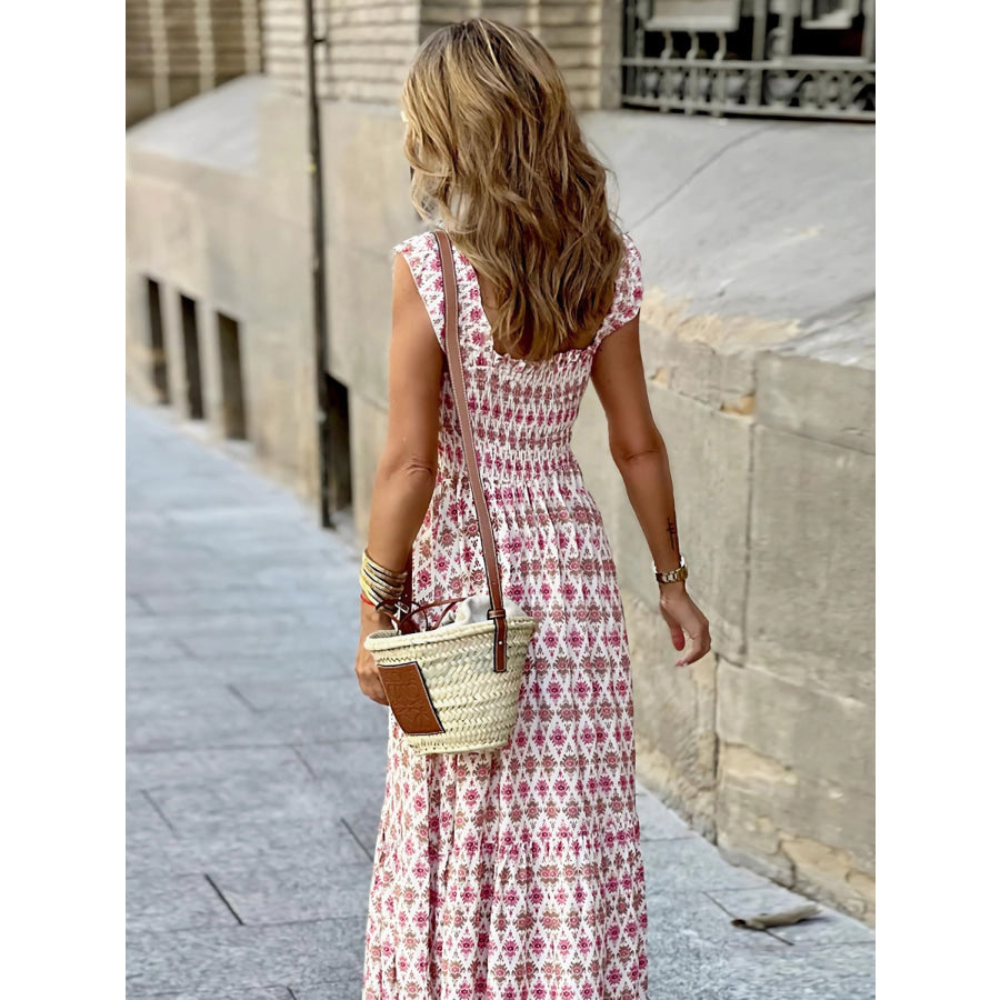 Smocked Printed Square Neck Sleeveless Dress Apparel and Accessories