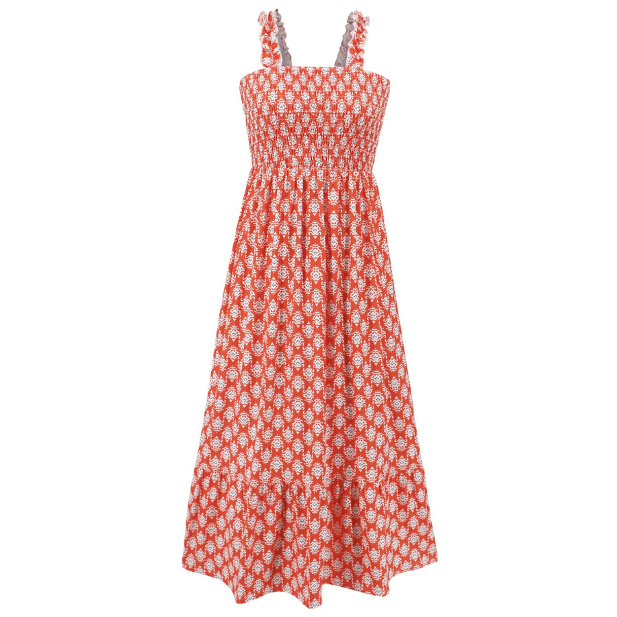 Smocked Printed Square Neck Sleeveless Dress Apparel and Accessories