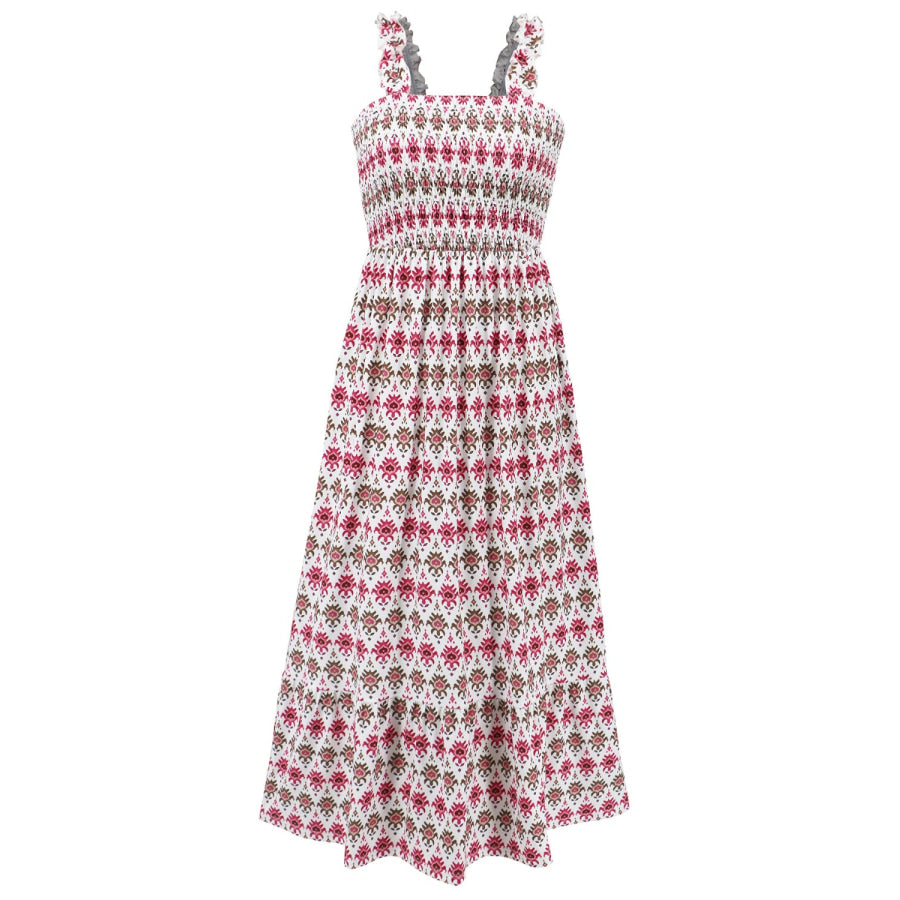 Smocked Printed Square Neck Sleeveless Dress Apparel and Accessories