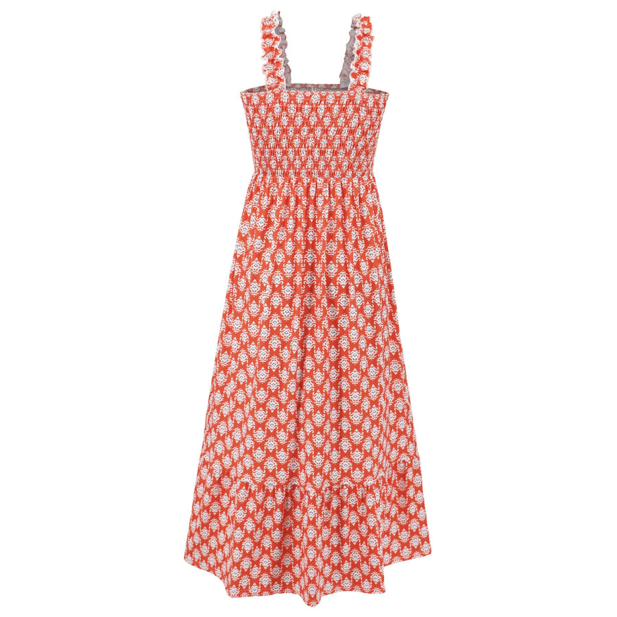 Smocked Printed Square Neck Sleeveless Dress Apparel and Accessories