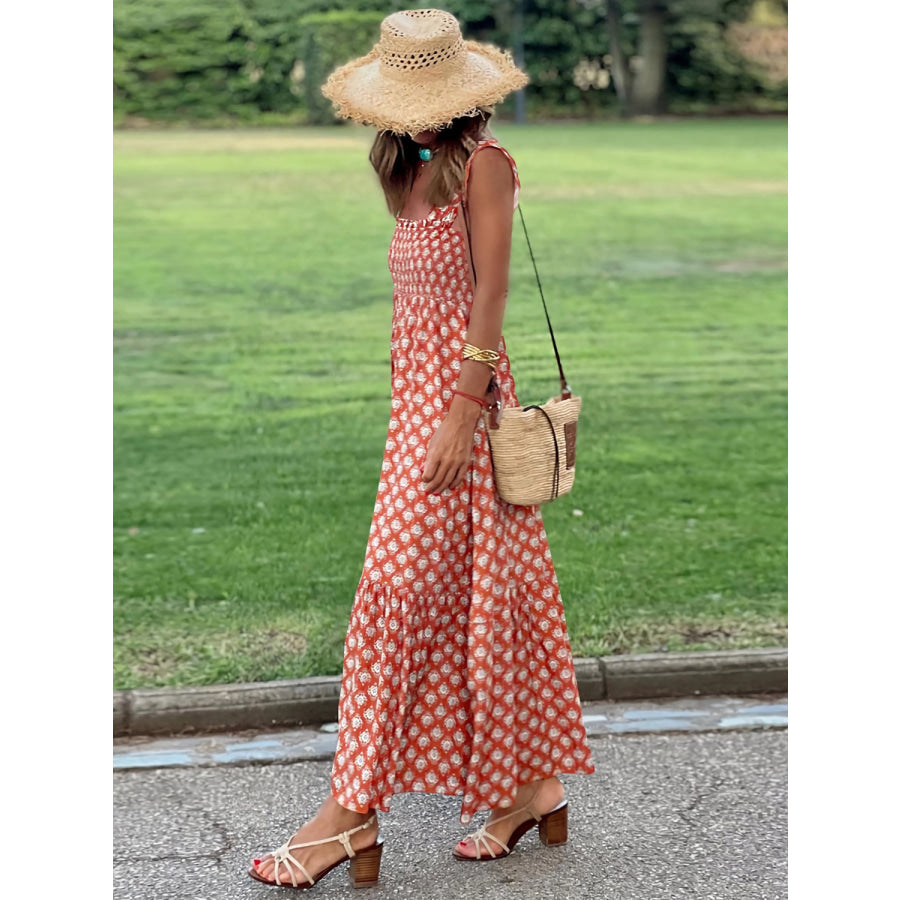 Smocked Printed Square Neck Sleeveless Dress Red Orange / S Apparel and Accessories