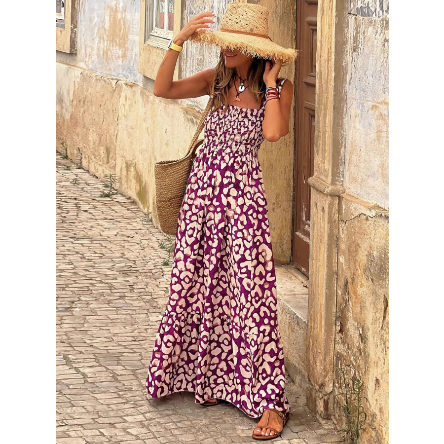 Smocked Printed Square Neck Sleeveless Dress Wine / S Apparel and Accessories