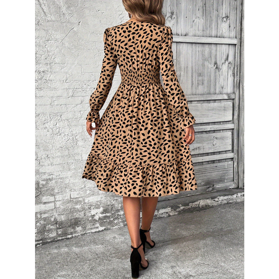 Smocked Printed Surplice Flounce Sleeve Midi Dress Tan / S Apparel and Accessories