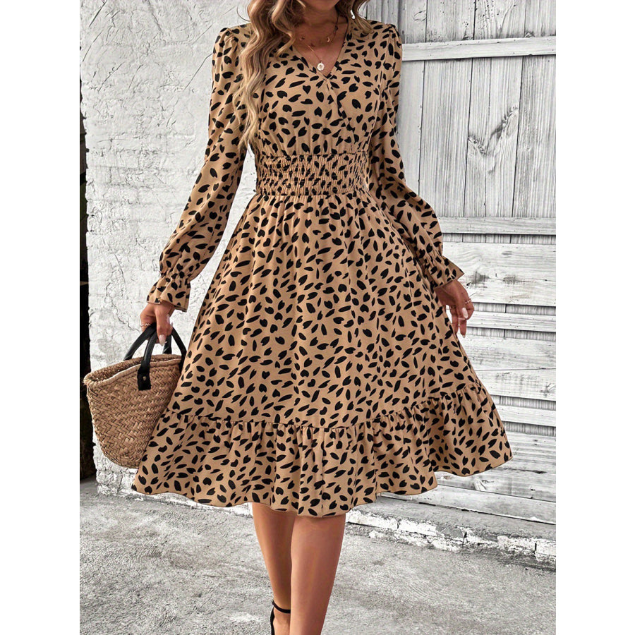 Smocked Printed Surplice Flounce Sleeve Midi Dress Apparel and Accessories