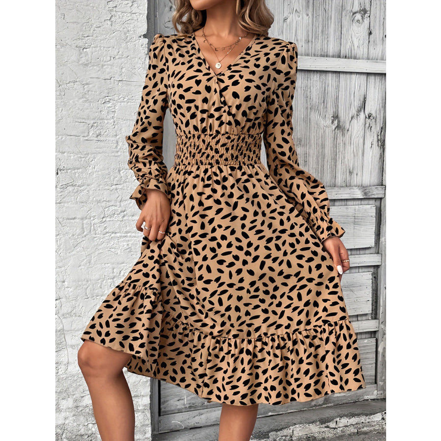 Smocked Printed Surplice Flounce Sleeve Midi Dress Apparel and Accessories