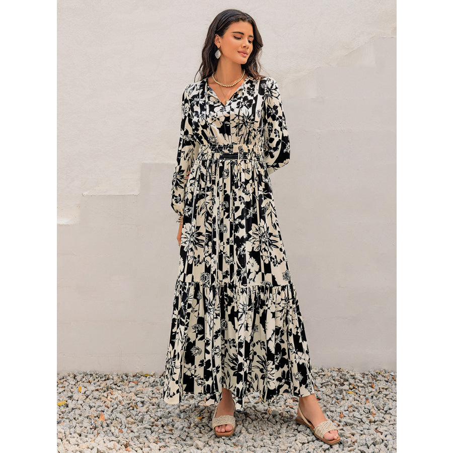 Smocked Printed Tie Neck Long Sleeve Dress Apparel and Accessories