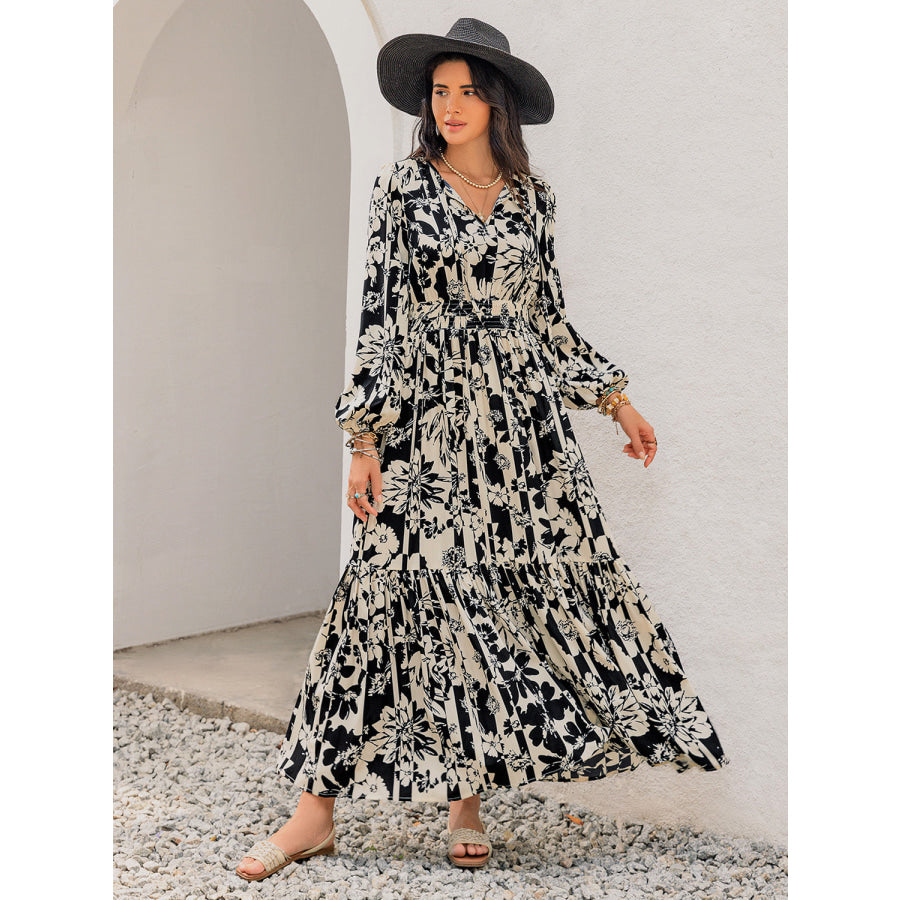 Smocked Printed Tie Neck Long Sleeve Dress Apparel and Accessories