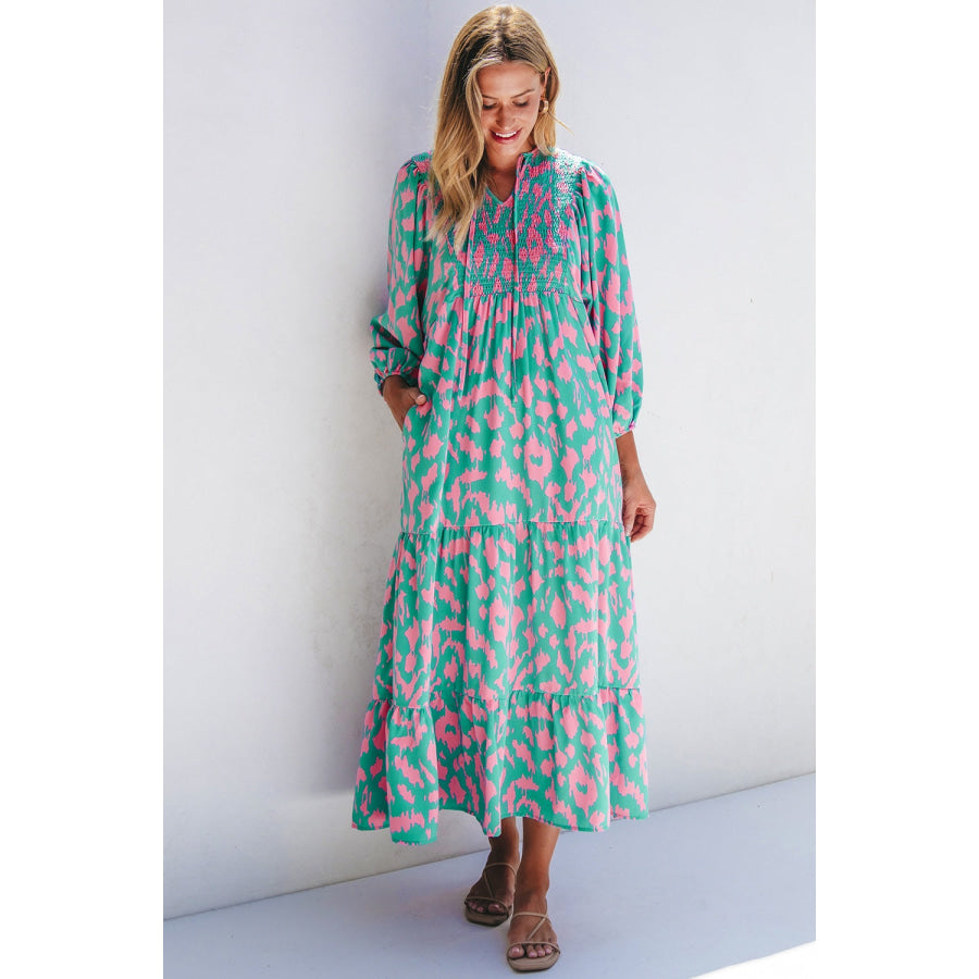 Smocked Printed Tie Neck Long Sleeve Dress Apparel and Accessories