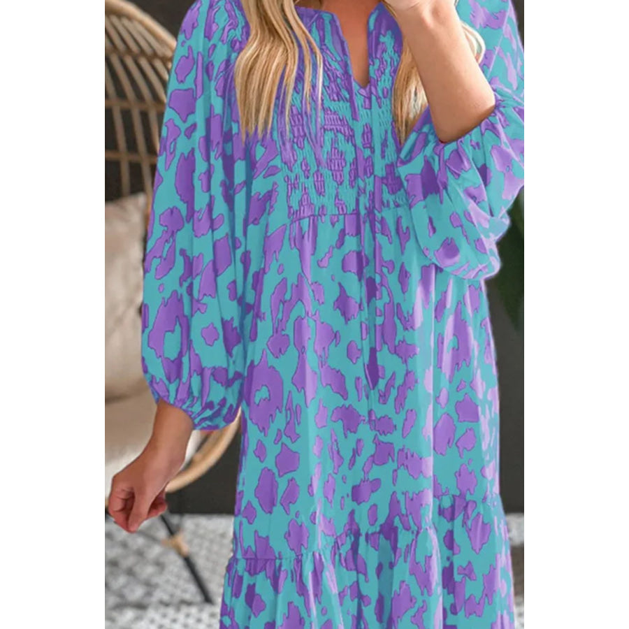 Smocked Printed Tie Neck Long Sleeve Dress Apparel and Accessories