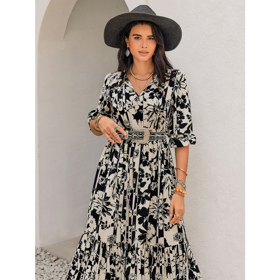 Smocked Printed Tie Neck Long Sleeve Dress Apparel and Accessories