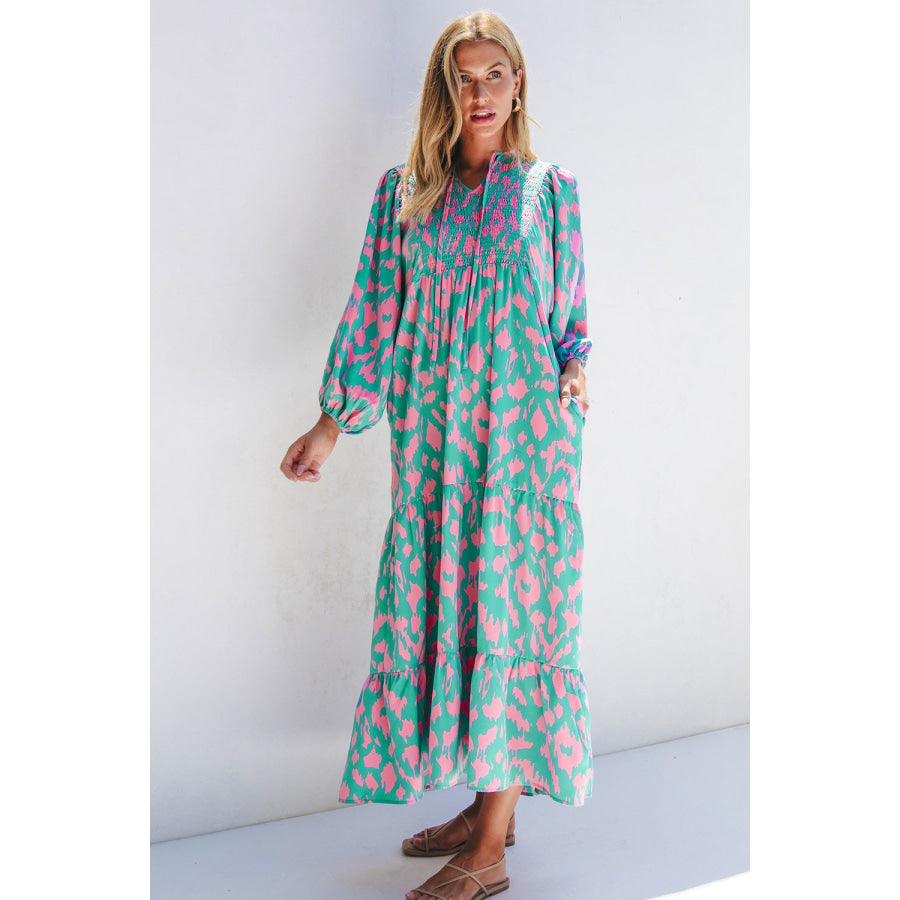 Smocked Printed Tie Neck Long Sleeve Dress Apparel and Accessories