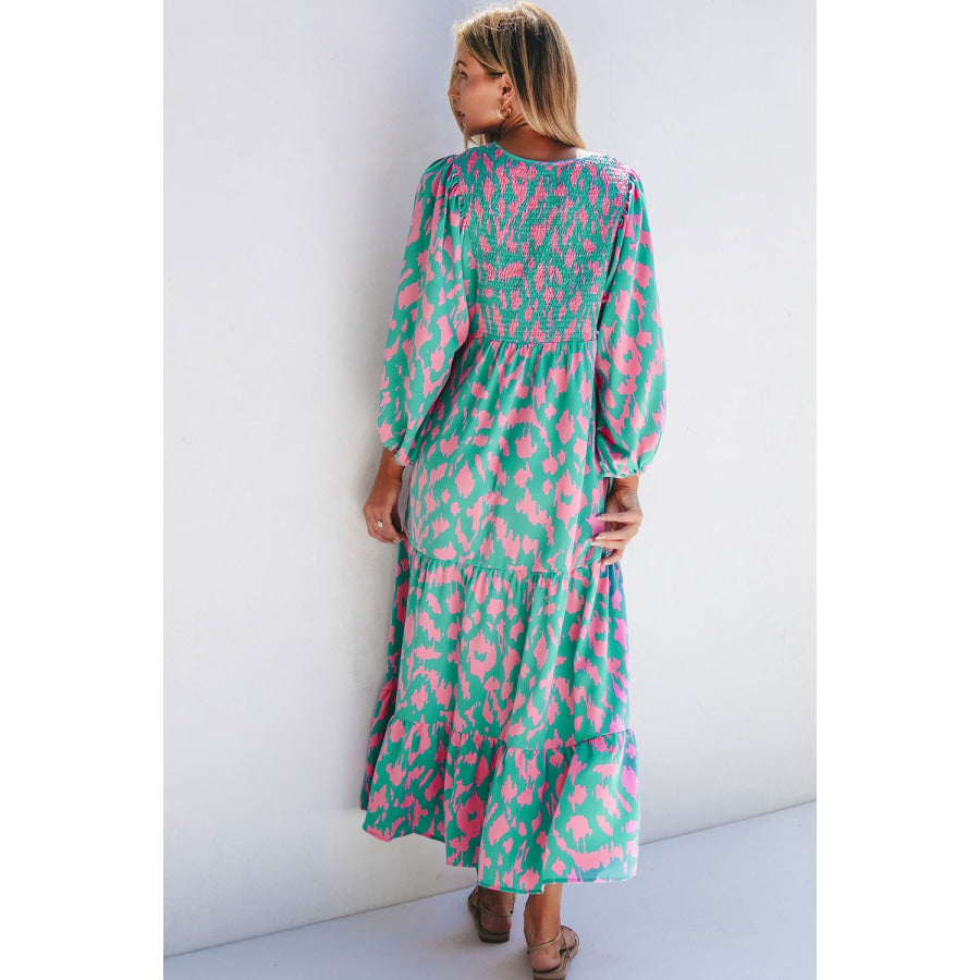 Smocked Printed Tie Neck Long Sleeve Dress Apparel and Accessories