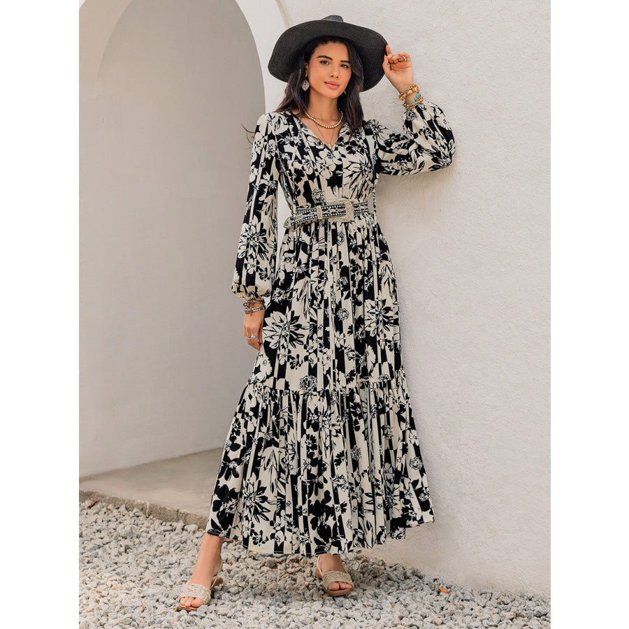 Smocked Printed Tie Neck Long Sleeve Dress Apparel and Accessories