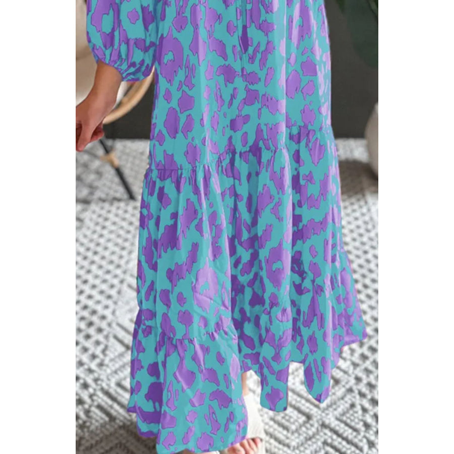 Smocked Printed Tie Neck Long Sleeve Dress Apparel and Accessories