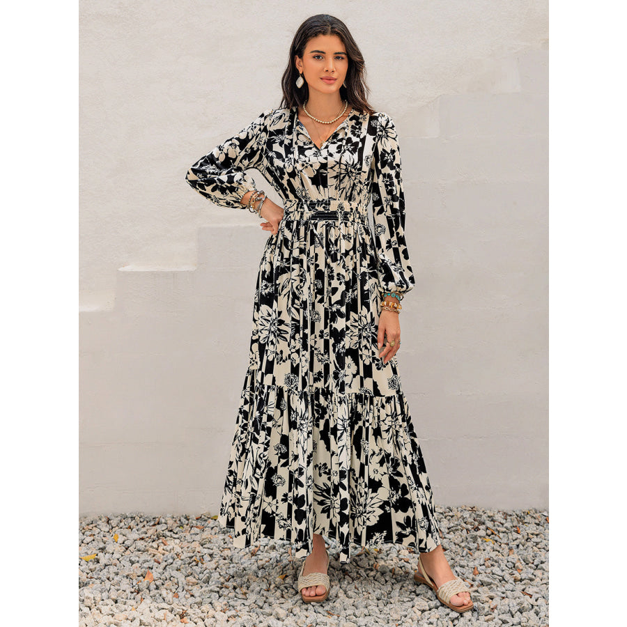 Smocked Printed Tie Neck Long Sleeve Dress Apparel and Accessories