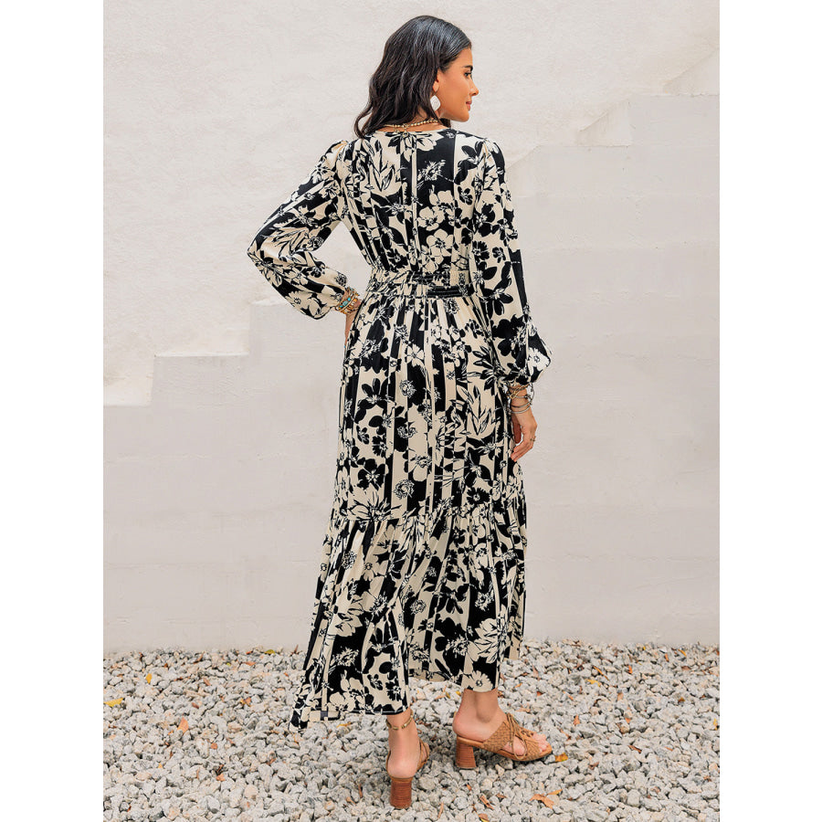 Smocked Printed Tie Neck Long Sleeve Dress Apparel and Accessories