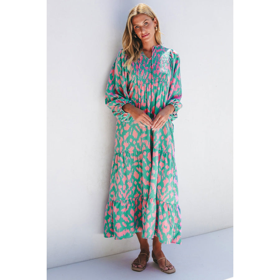 Smocked Printed Tie Neck Long Sleeve Dress Apparel and Accessories