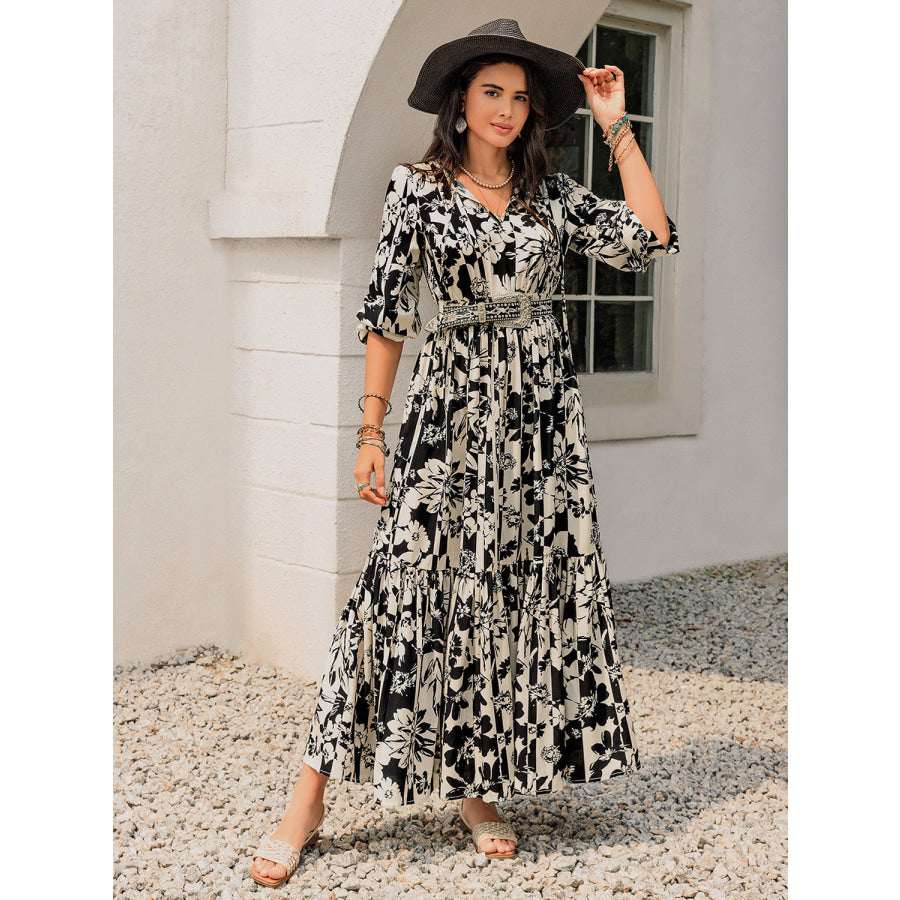 Smocked Printed Tie Neck Long Sleeve Dress Apparel and Accessories