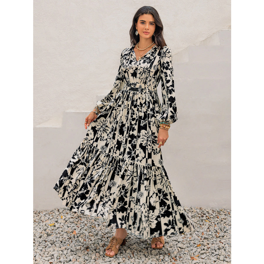 Smocked Printed Tie Neck Long Sleeve Dress Black/White / S Apparel and Accessories