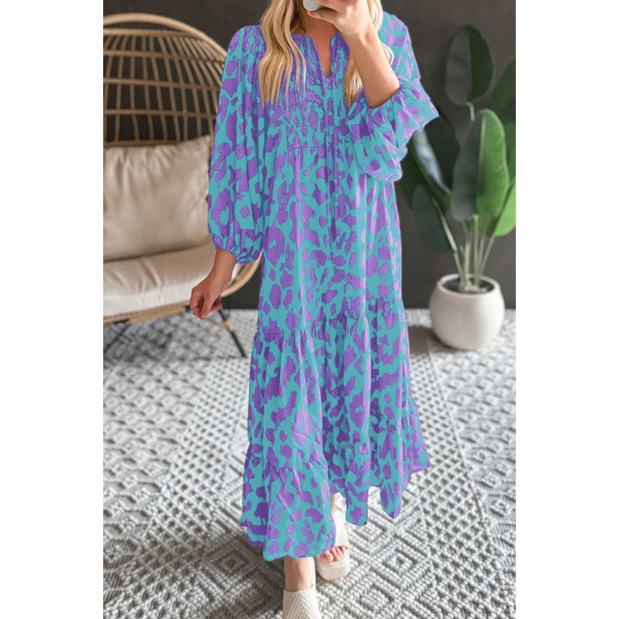 Smocked Printed Tie Neck Long Sleeve Dress Cerulean / S Apparel and Accessories