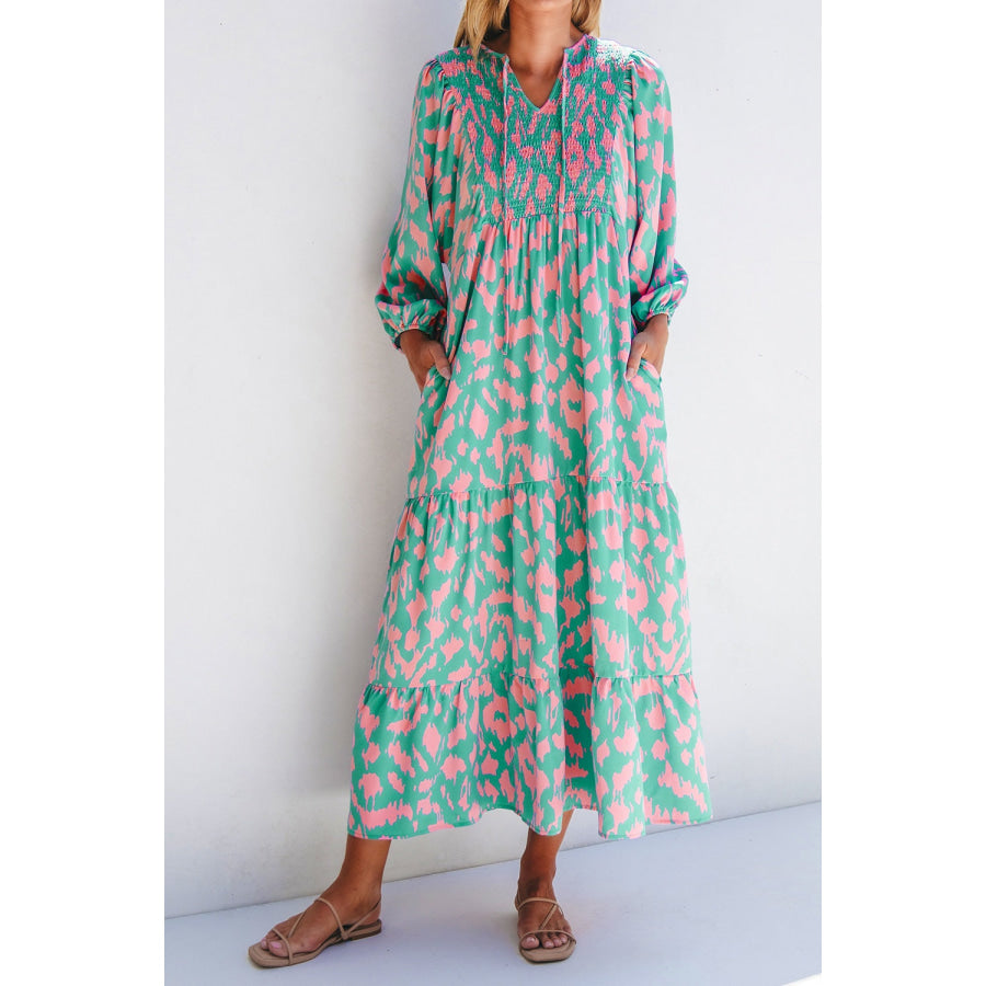 Smocked Printed Tie Neck Long Sleeve Dress Turquoise / S Apparel and Accessories