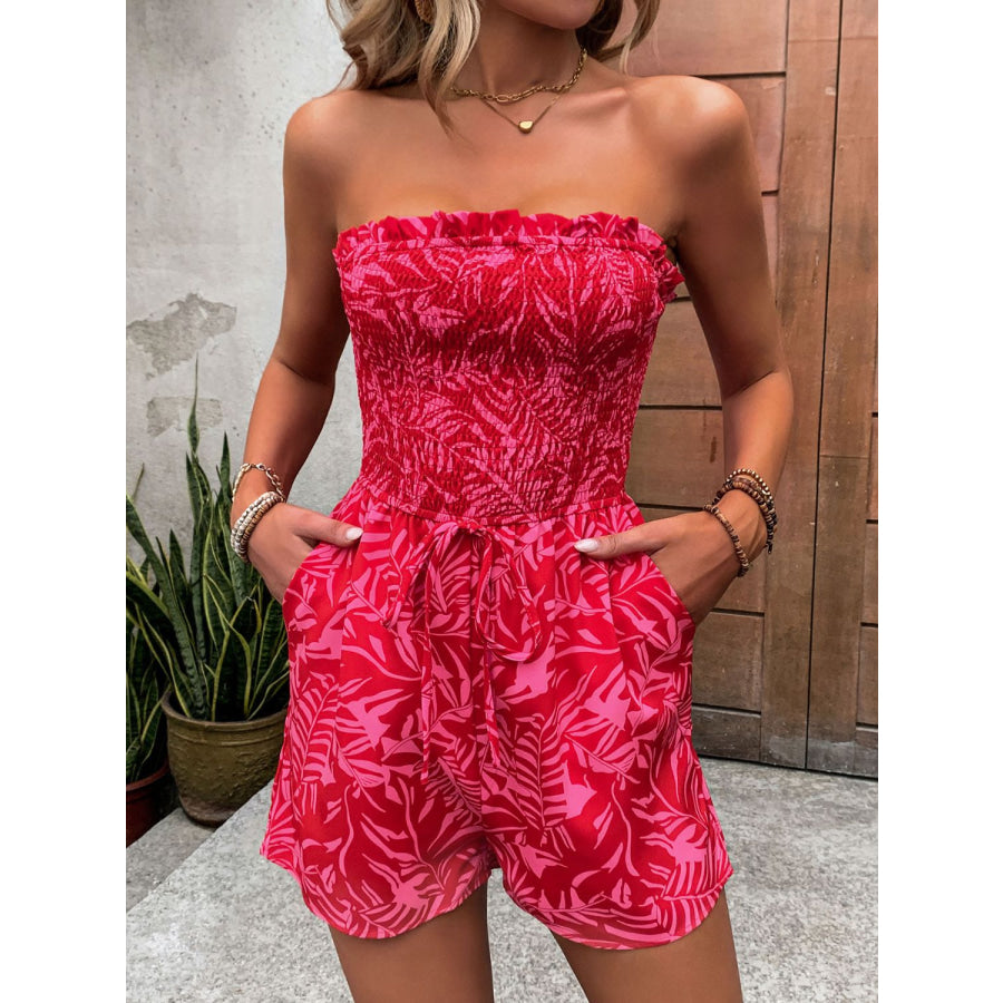 Smocked Printed Tube Romper with Pockets Apparel and Accessories