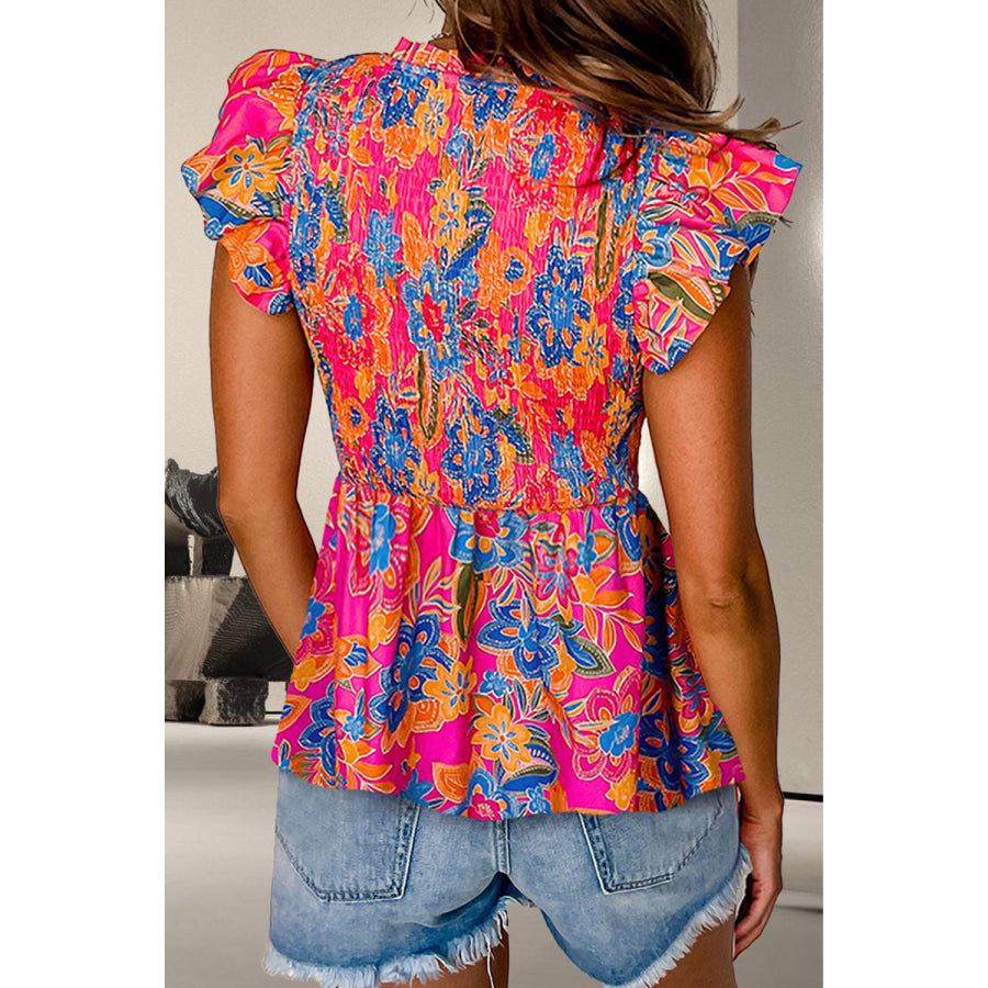 Smocked Printed V - Neck Cap Sleeve Blouse Apparel and Accessories