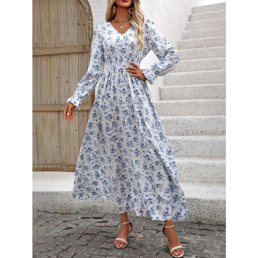 Smocked Printed V-Neck Flounce Sleeve Dress Apparel and Accessories