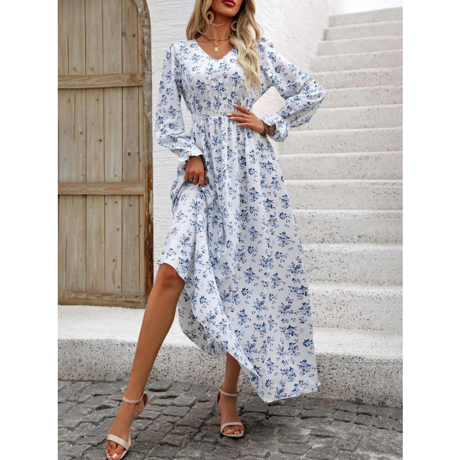 Smocked Printed V-Neck Flounce Sleeve Dress Apparel and Accessories