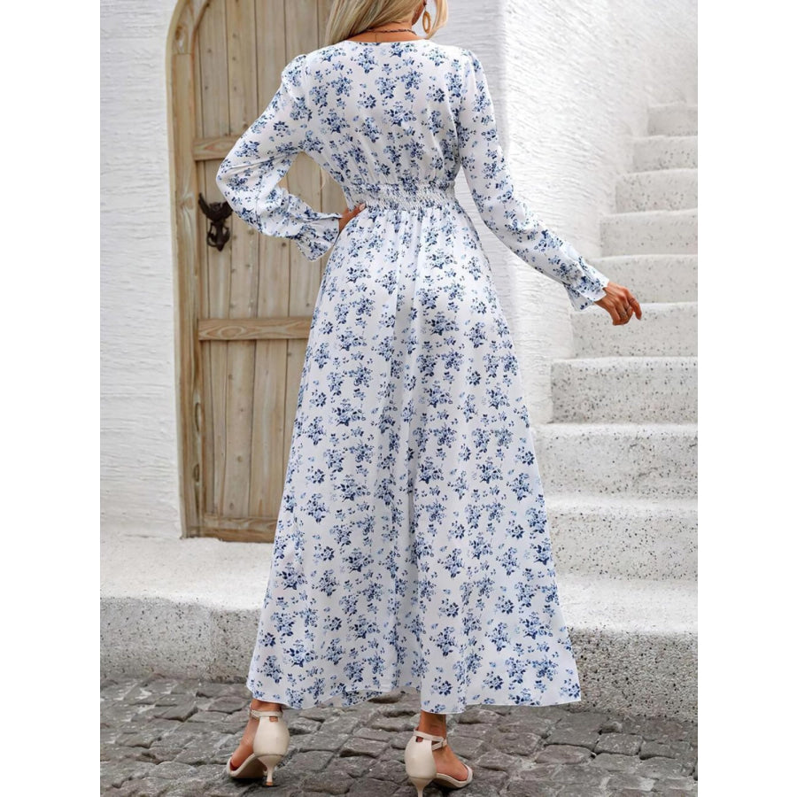 Smocked Printed V-Neck Flounce Sleeve Dress Apparel and Accessories