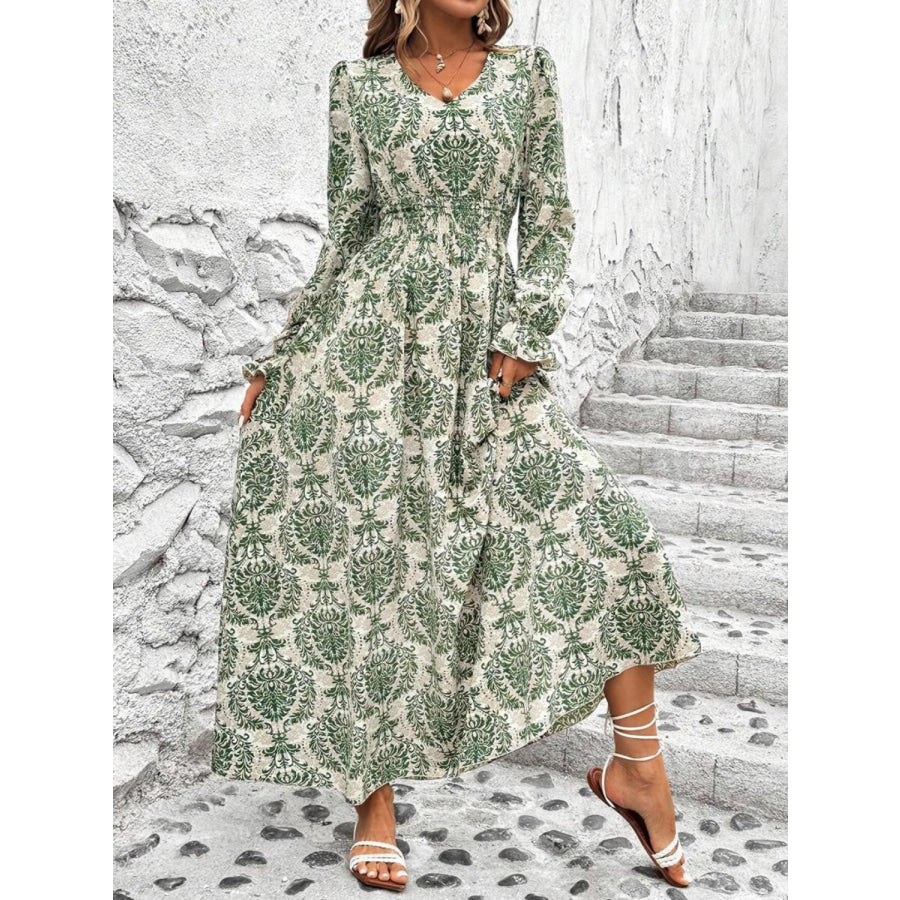 Smocked Printed V-Neck Flounce Sleeve Dress Apparel and Accessories