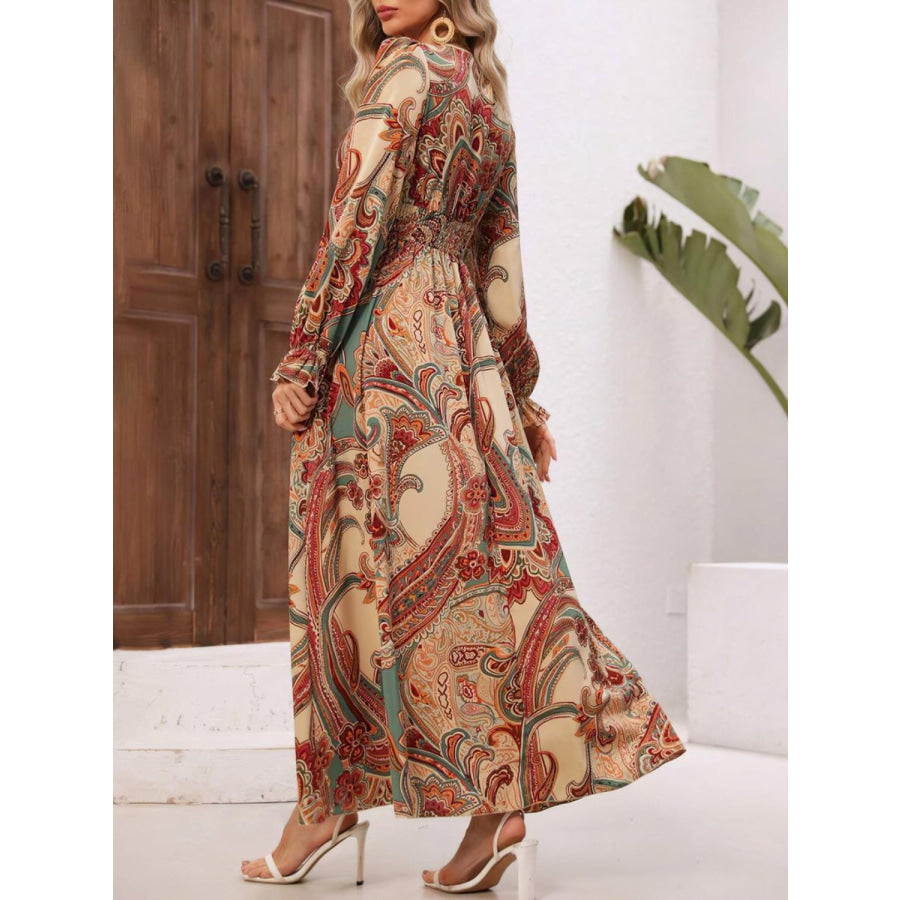 Smocked Printed V-Neck Flounce Sleeve Dress Caramel / S Apparel and Accessories