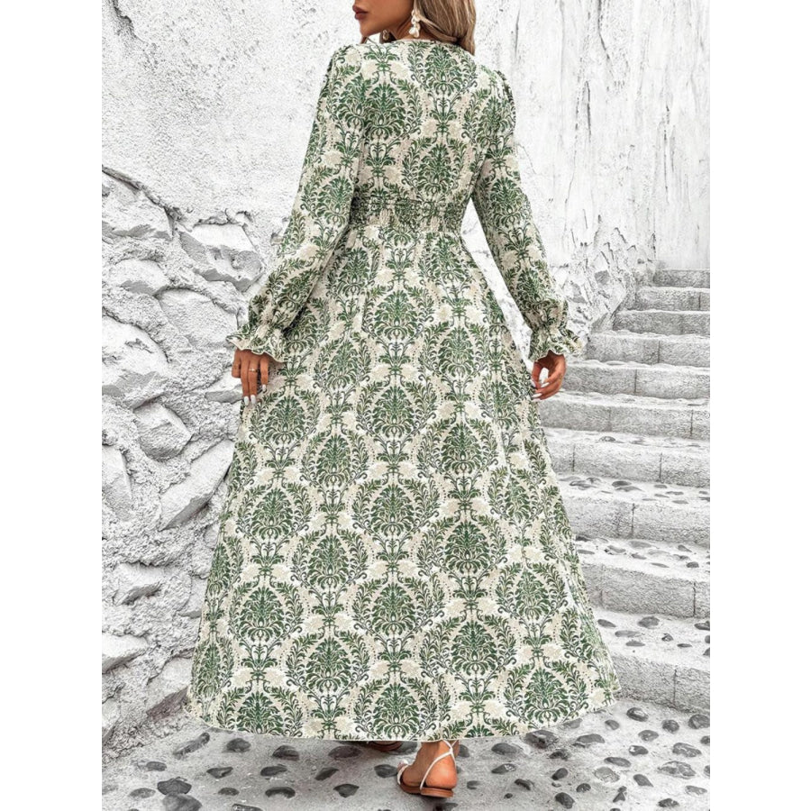 Smocked Printed V-Neck Flounce Sleeve Dress Apparel and Accessories