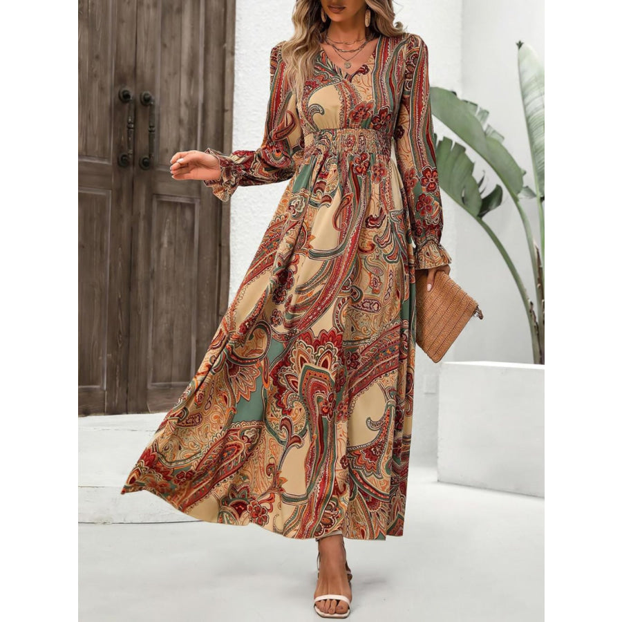 Smocked Printed V-Neck Flounce Sleeve Dress Caramel / S Apparel and Accessories