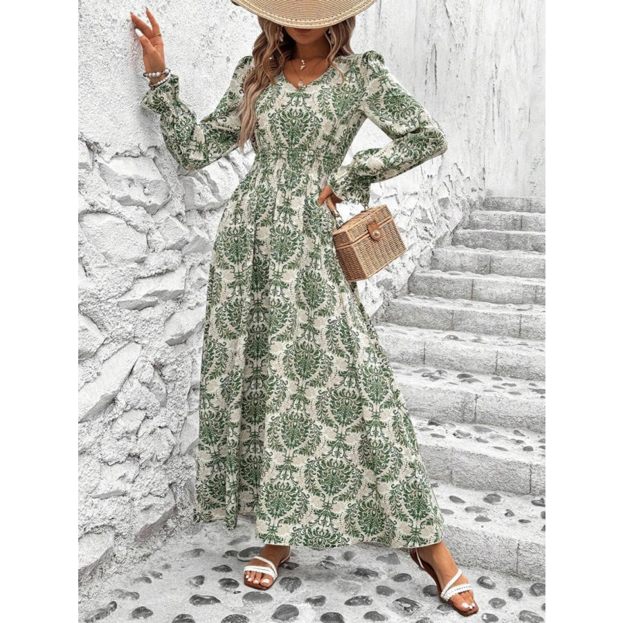 Smocked Printed V-Neck Flounce Sleeve Dress Gum Leaf / S Apparel and Accessories