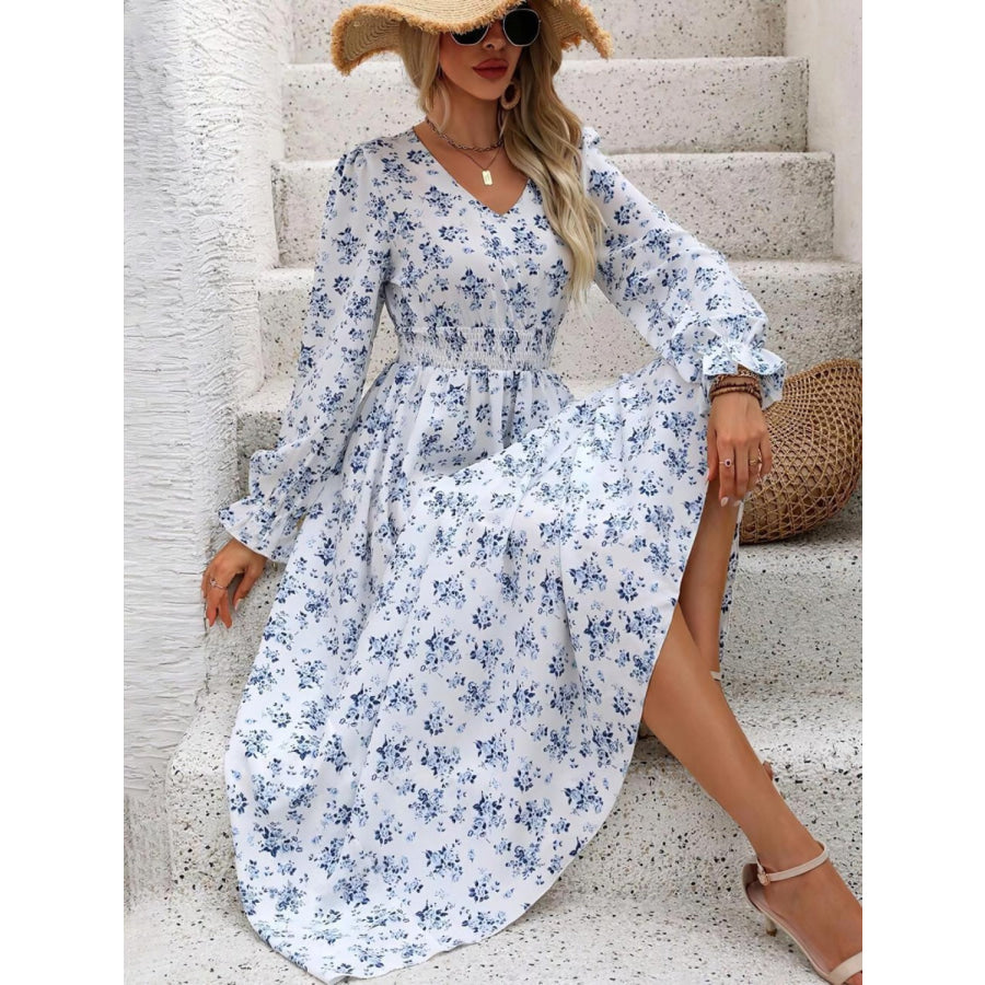 Smocked Printed V-Neck Flounce Sleeve Dress White / S Apparel and Accessories