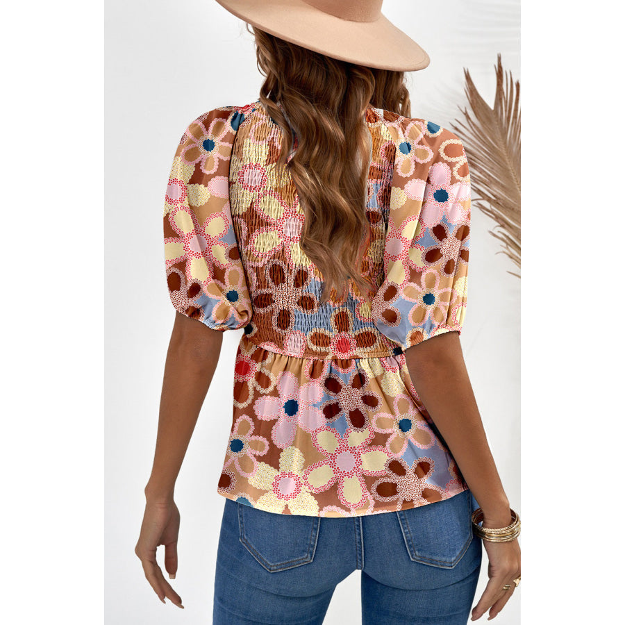 Smocked Printed V - Neck Half Sleeve Blouse Apparel and Accessories