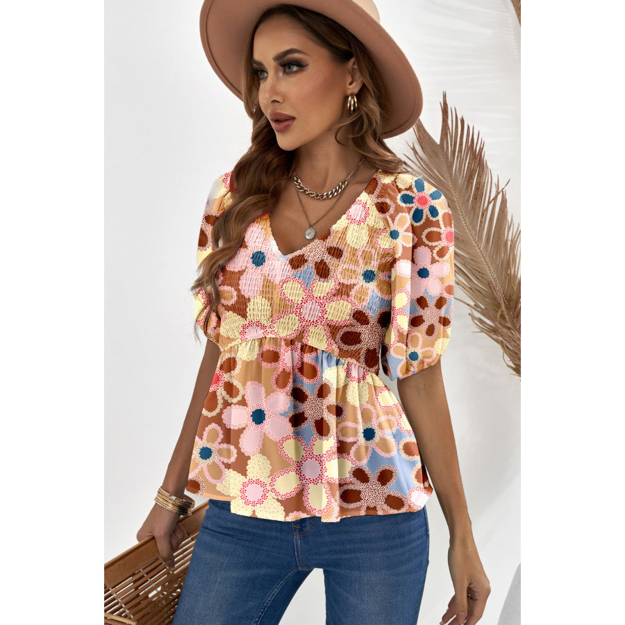 Smocked Printed V - Neck Half Sleeve Blouse Apparel and Accessories