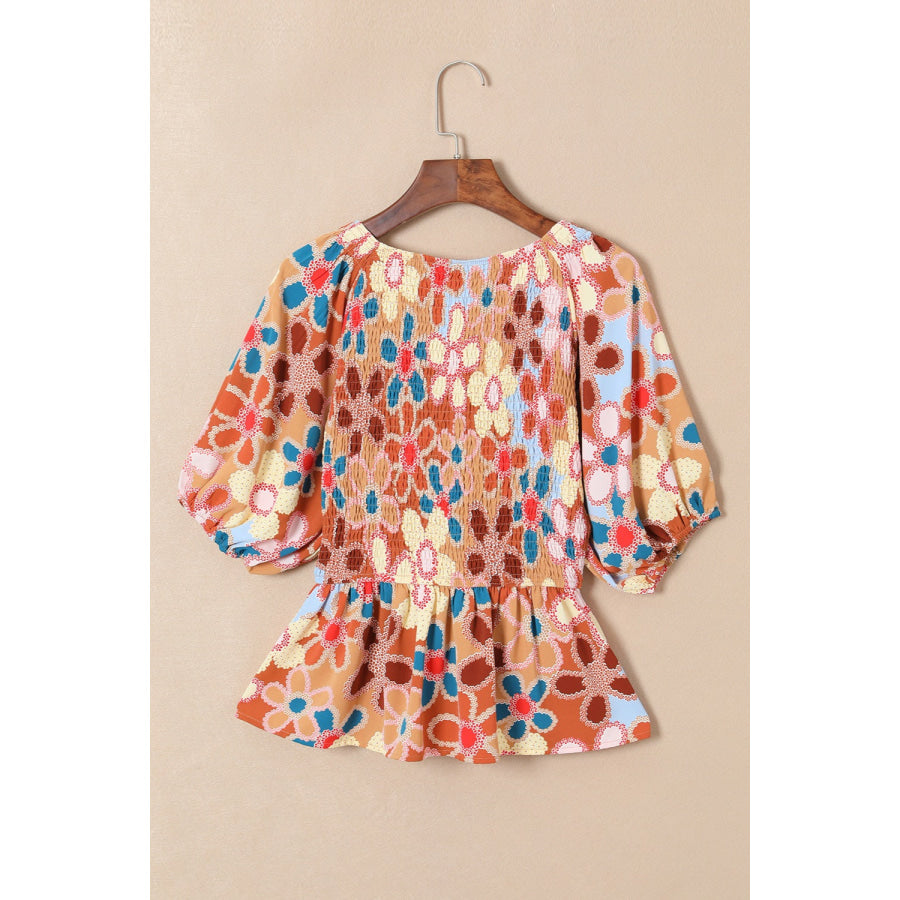 Smocked Printed V - Neck Half Sleeve Blouse Apparel and Accessories