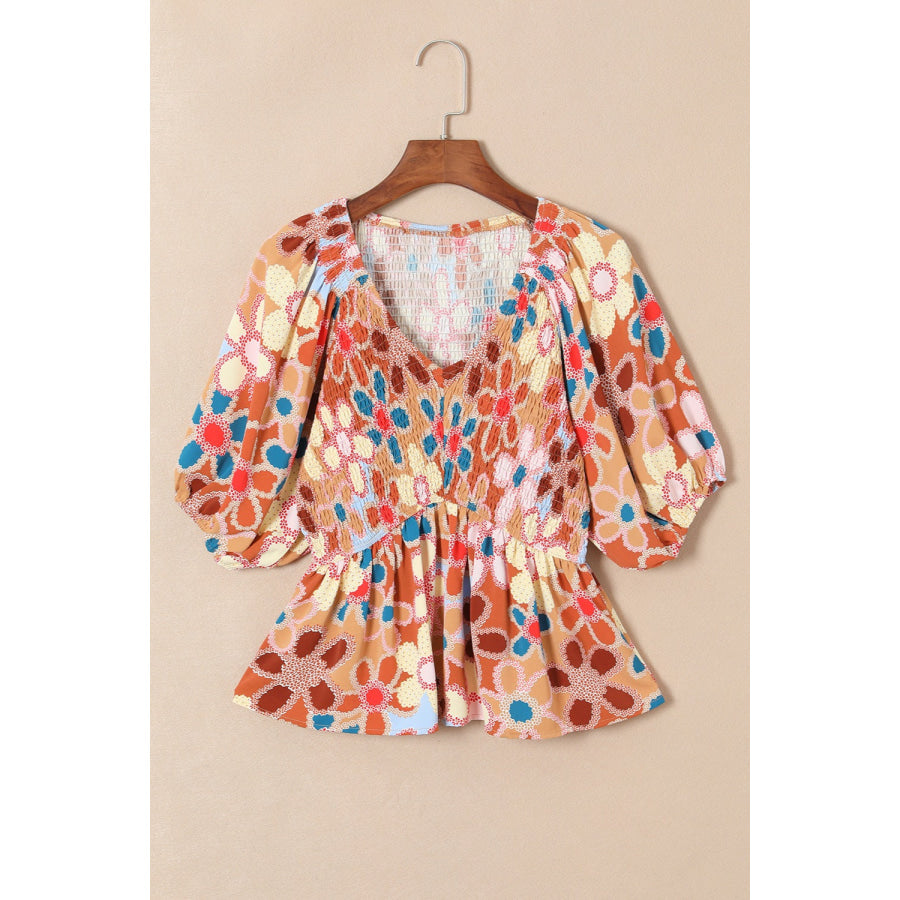 Smocked Printed V - Neck Half Sleeve Blouse Apparel and Accessories