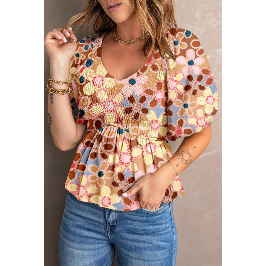 Smocked Printed V - Neck Half Sleeve Blouse Multicolor / XS Apparel and Accessories