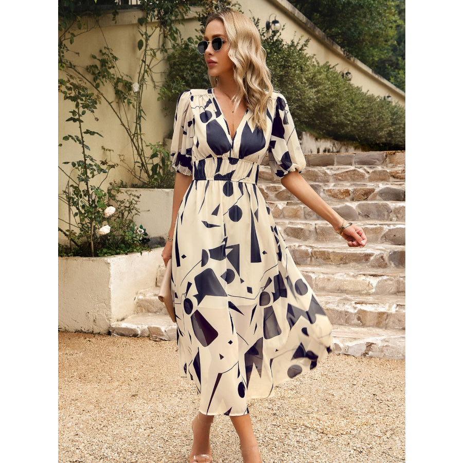 Smocked Printed V-Neck Half Sleeve Midi Dress Apparel and Accessories